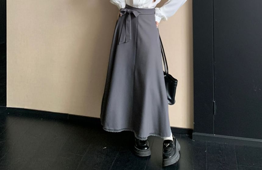 Lace Trim Shirt and Sashed Midi A-Line Skirt