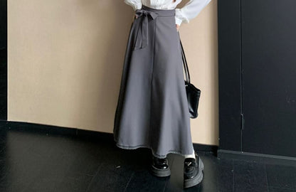 Lace Trim Shirt and Sashed Midi A-Line Skirt