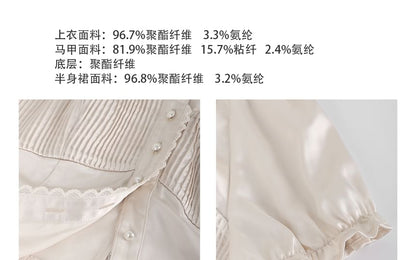Square Neck Short Sleeve Blouse and Vest with Tiered Mini Skirt