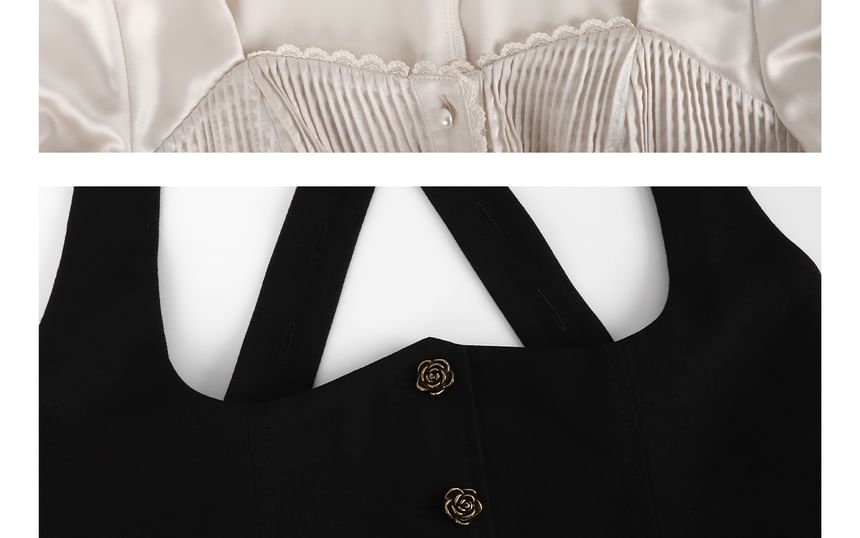 Square Neck Short Sleeve Blouse and Vest with Tiered Mini Skirt