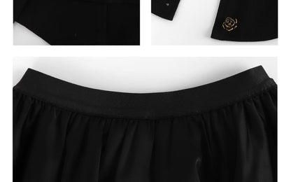 Square Neck Short Sleeve Blouse and Vest with Tiered Mini Skirt