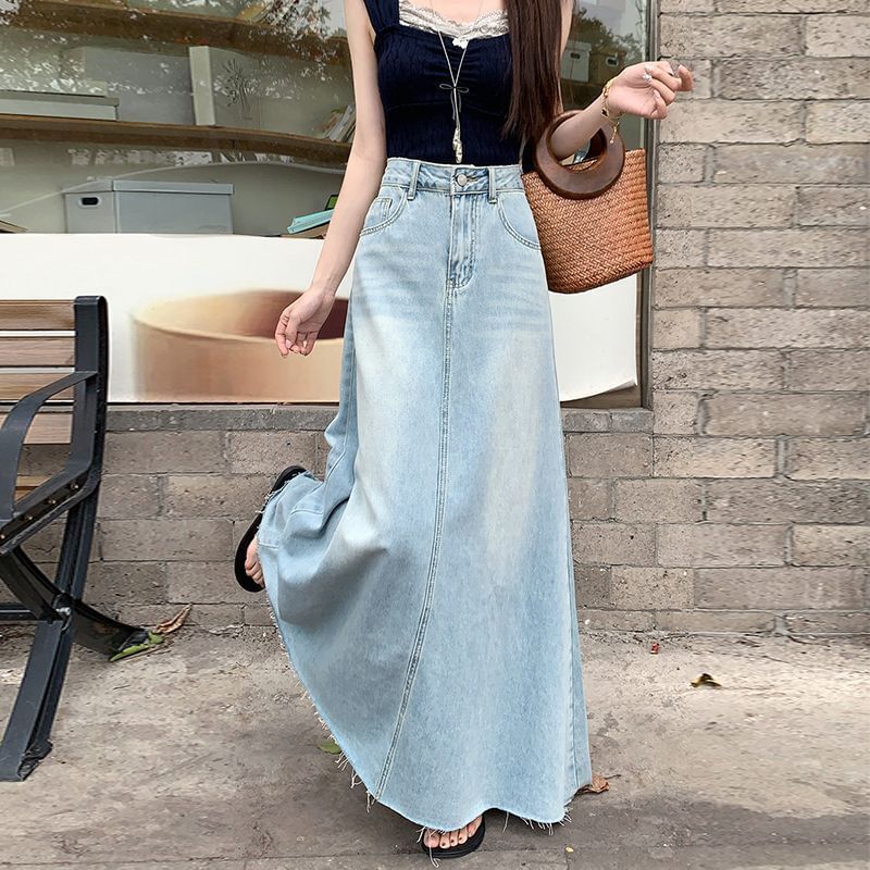 High Rise Washed Frayed Denim Maxi A-Line Skirt
