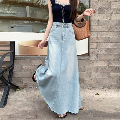 High Rise Washed Frayed Denim Maxi A-Line Skirt