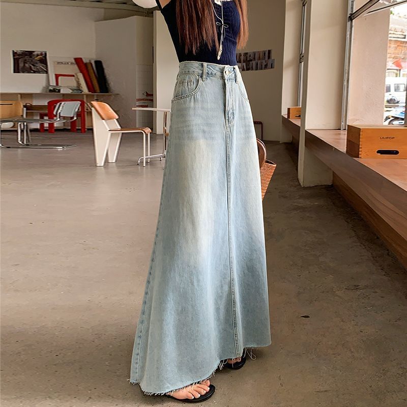 High Rise Washed Frayed Denim Maxi A-Line Skirt