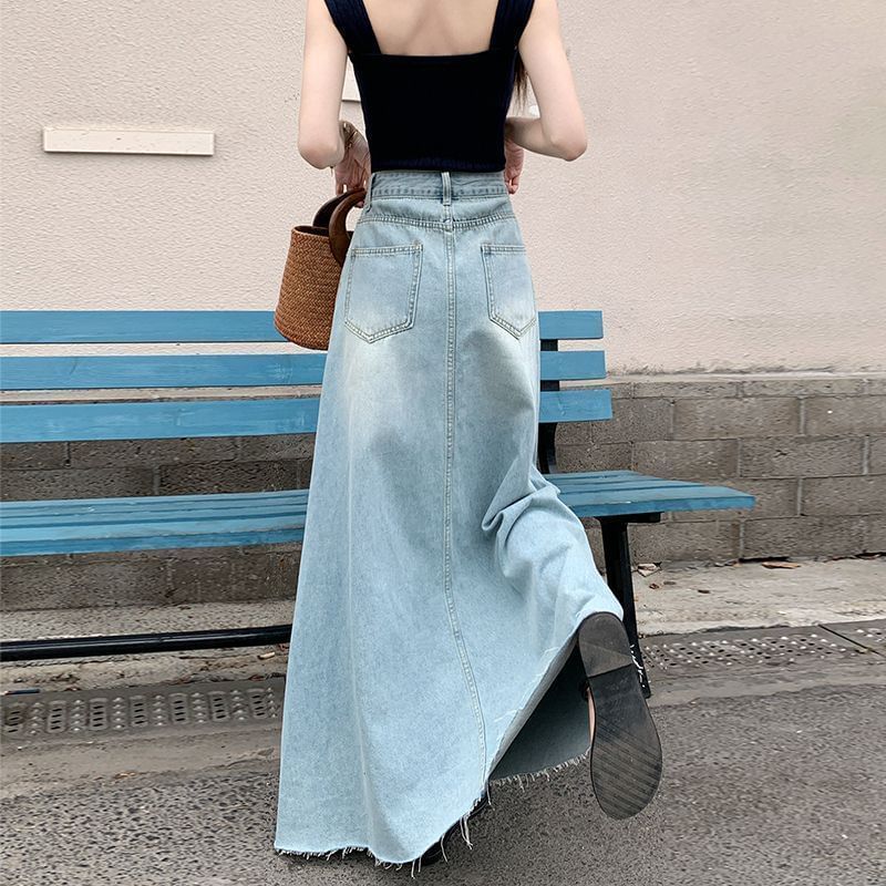 High Rise Washed Frayed Denim Maxi A-Line Skirt