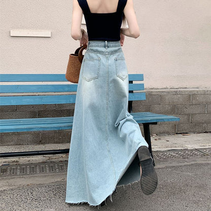 High Rise Washed Frayed Denim Maxi A-Line Skirt