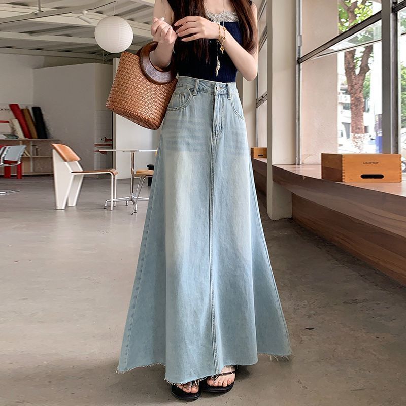 High Rise Washed Frayed Denim Maxi A-Line Skirt