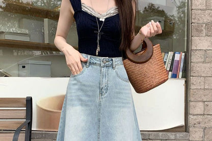 High Rise Washed Frayed Denim Maxi A-Line Skirt