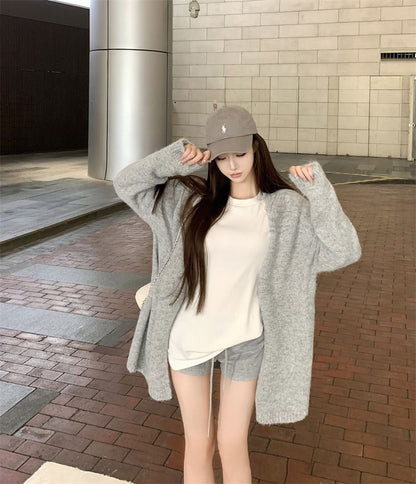 Long Sleeve Crew Neck Tee, Cardigan & Drawstring Shorts Set
