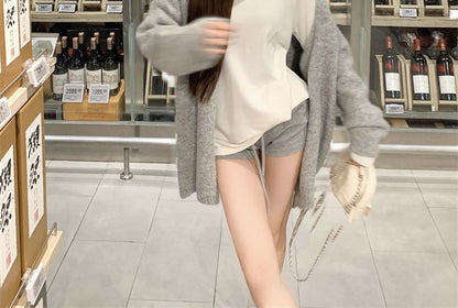 Long Sleeve Crew Neck Tee, Cardigan & Drawstring Shorts Set