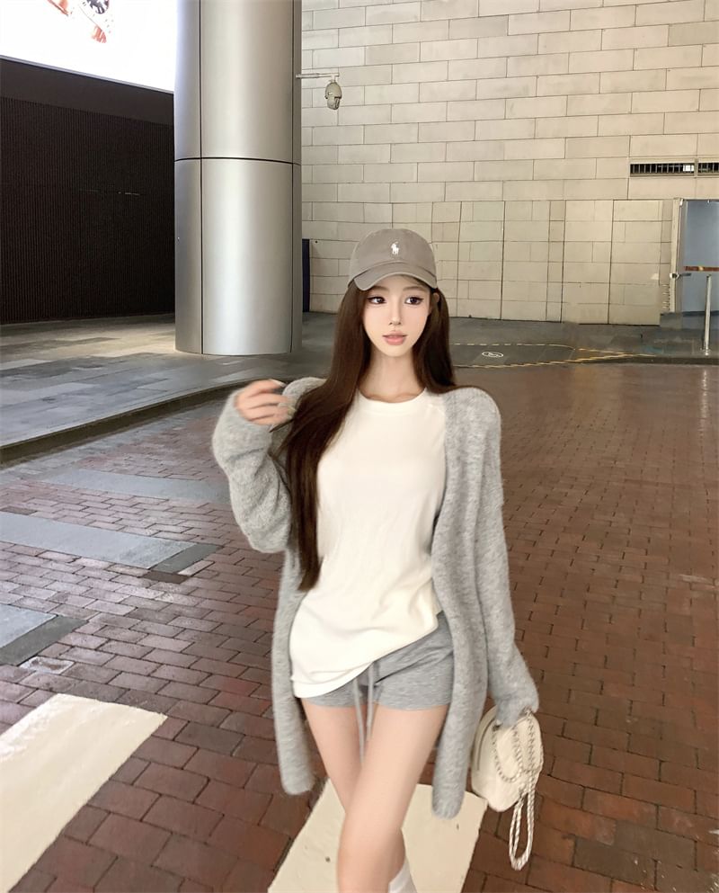 Long Sleeve Crew Neck Tee, Cardigan & Drawstring Shorts Set