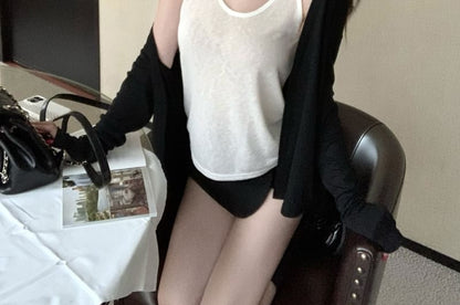 Scoop Neck Tank Top, Cardigan & High-Waisted Mini Skort Set