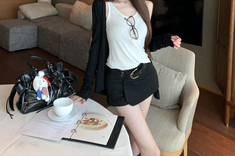 Scoop Neck Tank Top, Cardigan & High-Waisted Mini Skort Set
