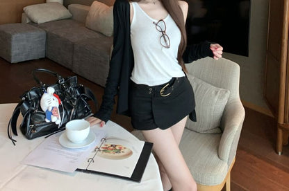 Scoop Neck Tank Top, Cardigan & High-Waisted Mini Skort Set