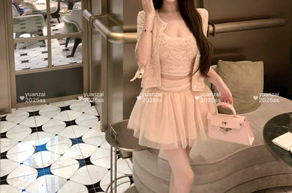Scoop Neck Crochet Crop Tank, Cardigan & Mesh Mini A-Line Skirt Set