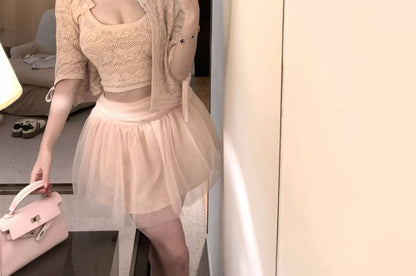 Scoop Neck Crochet Crop Tank, Cardigan & Mesh Mini A-Line Skirt Set