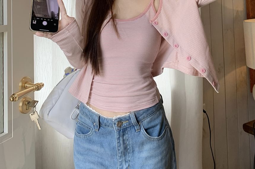 Striped Camisole Top & Crew Neck Cardigan Set