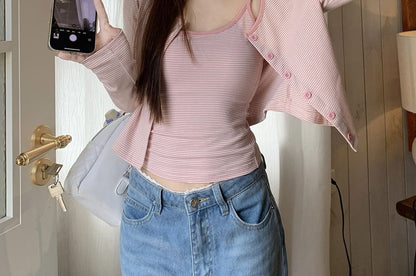Striped Camisole Top & Crew Neck Cardigan Set