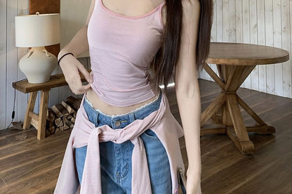 Striped Camisole Top & Crew Neck Cardigan Set
