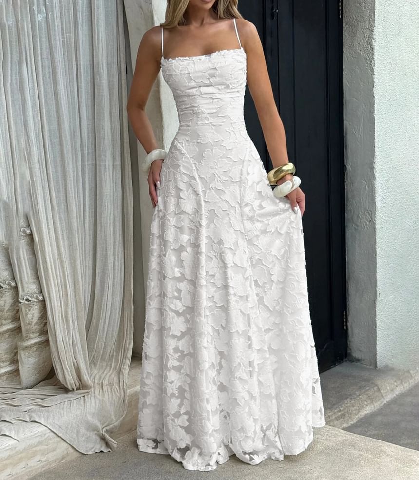 Spaghetti Strap Midi A-Line Lace Dress