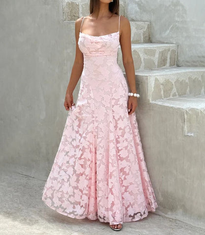 Spaghetti Strap Midi A-Line Lace Dress