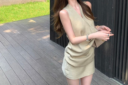 V-Neck Sleeveless Top & High Waist Mini A-Line Skirt