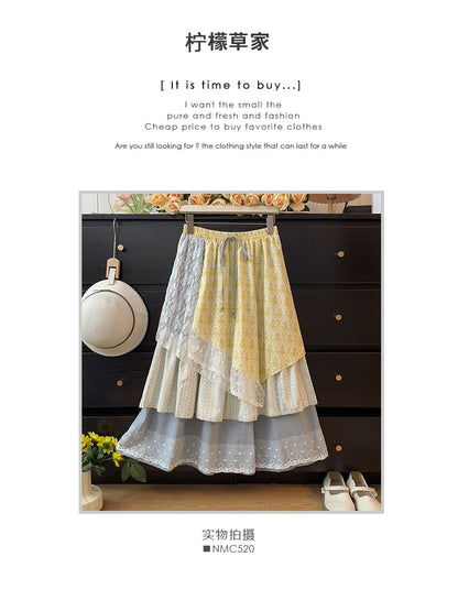 Patterned Lace Panel Layered Midi A-Line Skirt