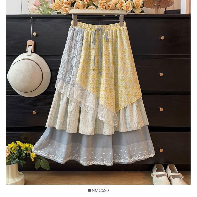 Patterned Lace Panel Layered Midi A-Line Skirt
