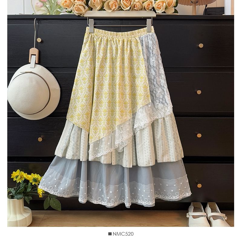 Patterned Lace Panel Layered Midi A-Line Skirt