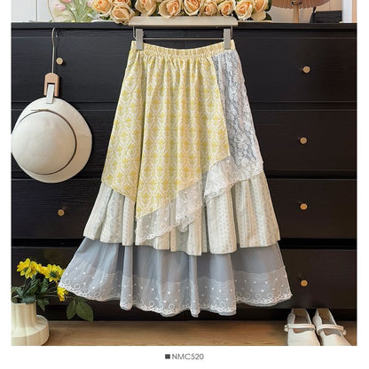 Patterned Lace Panel Layered Midi A-Line Skirt