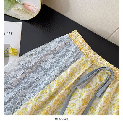 Patterned Lace Panel Layered Midi A-Line Skirt