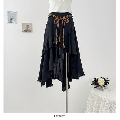 High Rise Lace Trim A-Line Skirt with Belt Set