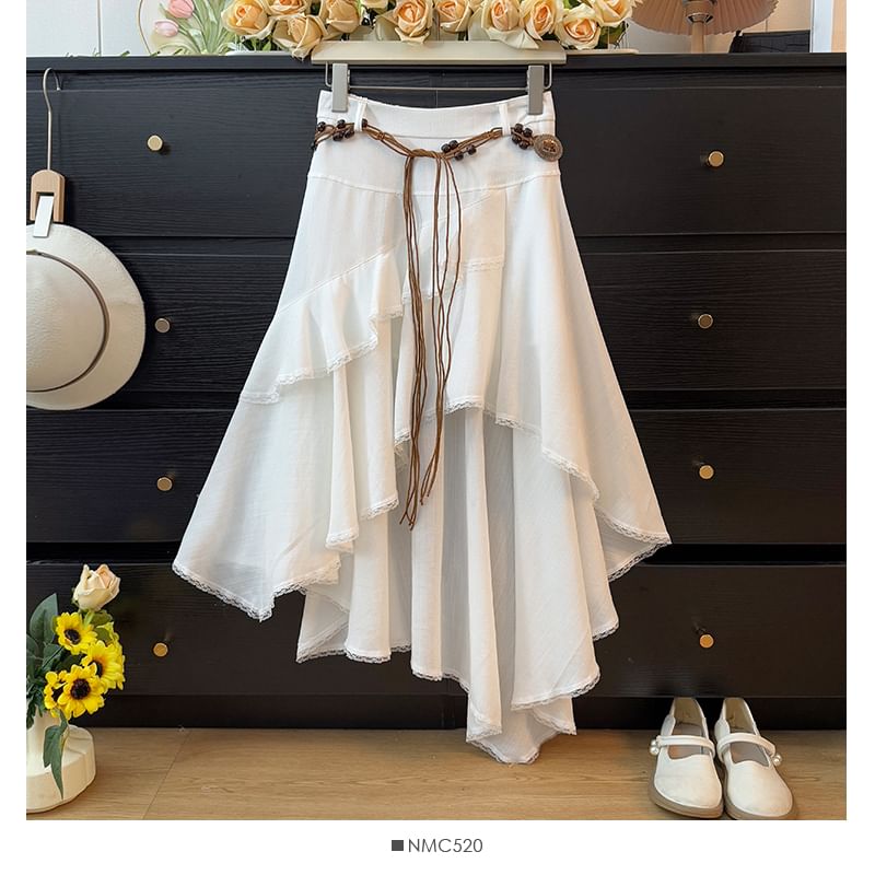 High Rise Lace Trim A-Line Skirt with Belt Set