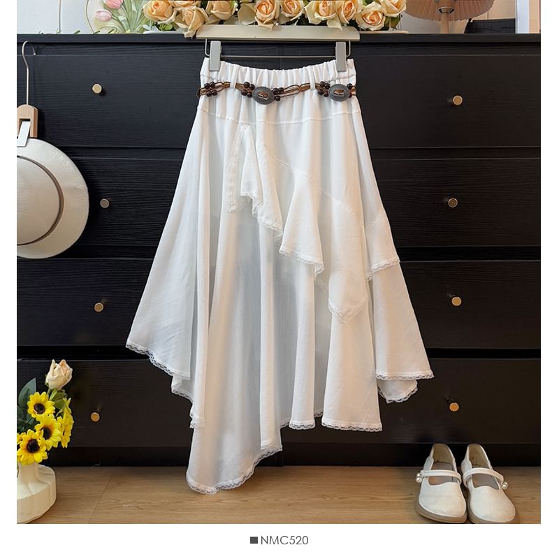 High Rise Lace Trim A-Line Skirt with Belt Set