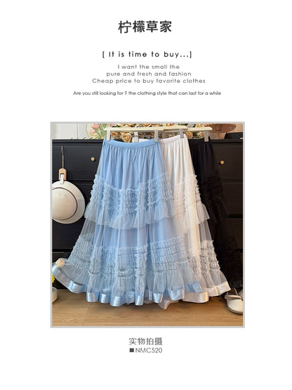 High Rise Frill Trim Mesh Maxi A-Line Skirt