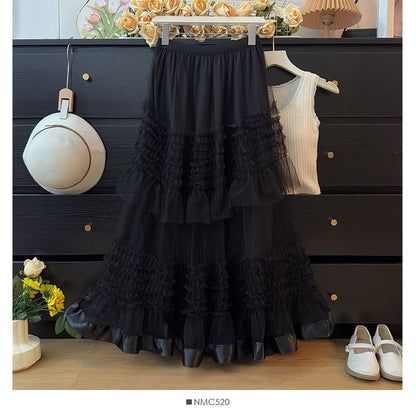 High Rise Frill Trim Mesh Maxi A-Line Skirt