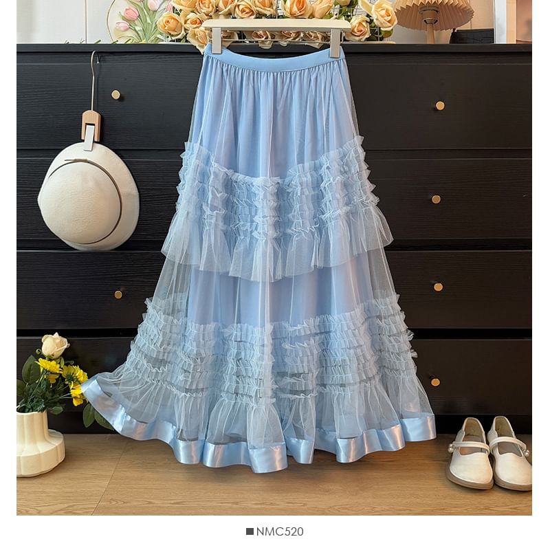 High Rise Frill Trim Mesh Maxi A-Line Skirt