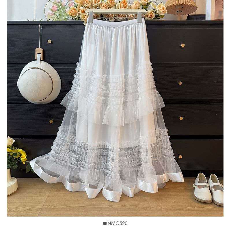 High Rise Frill Trim Mesh Maxi A-Line Skirt