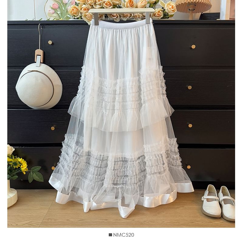 High Rise Frill Trim Mesh Maxi A-Line Skirt