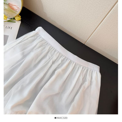 High Rise Frill Trim Mesh Maxi A-Line Skirt