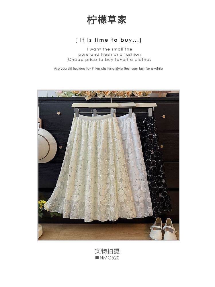 High Rise Floral Sequin Mesh Midi A-Line Skirt