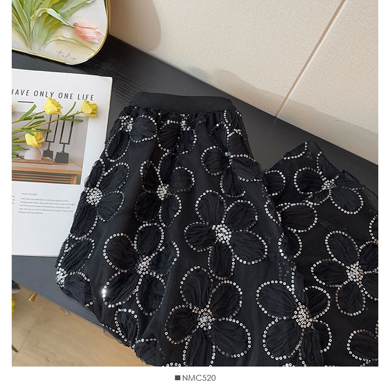 High Rise Floral Sequin Mesh Midi A-Line Skirt