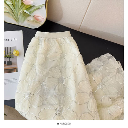 High Rise Floral Sequin Mesh Midi A-Line Skirt
