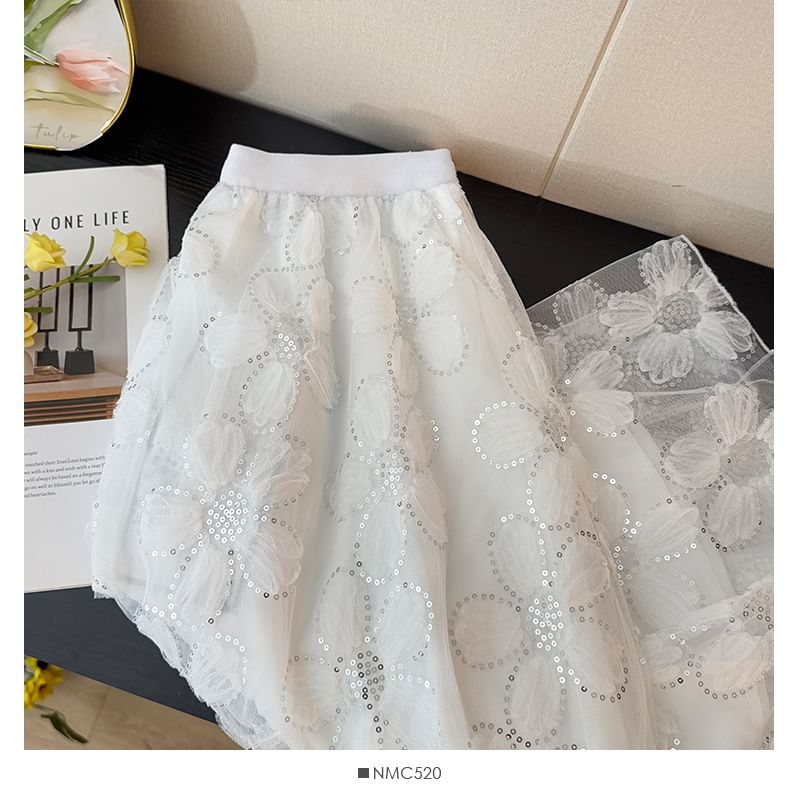 High Rise Floral Sequin Mesh Midi A-Line Skirt