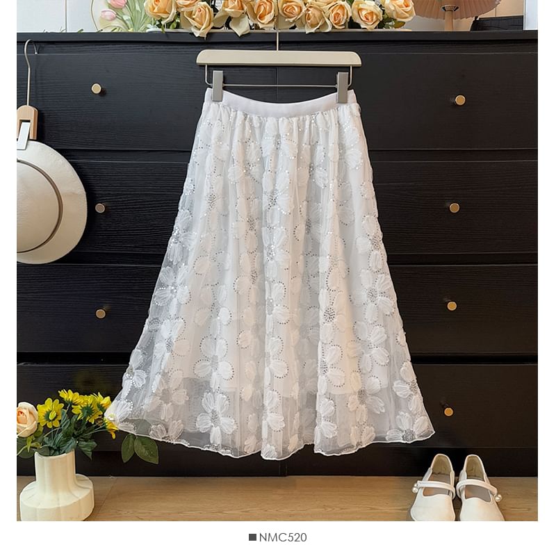 High Rise Floral Sequin Mesh Midi A-Line Skirt