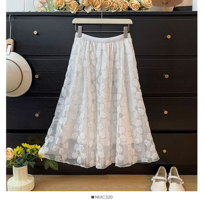 High Rise Floral Sequin Mesh Midi A-Line Skirt
