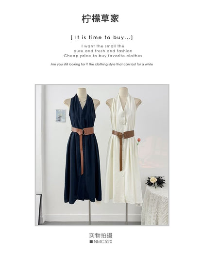 Plain Halter Set: V-Neck Belt Button-Up Dress + Maxi A-Line