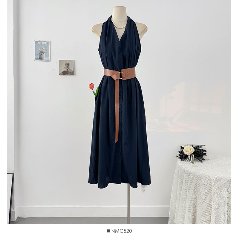 Plain Halter Set: V-Neck Belt Button-Up Dress + Maxi A-Line