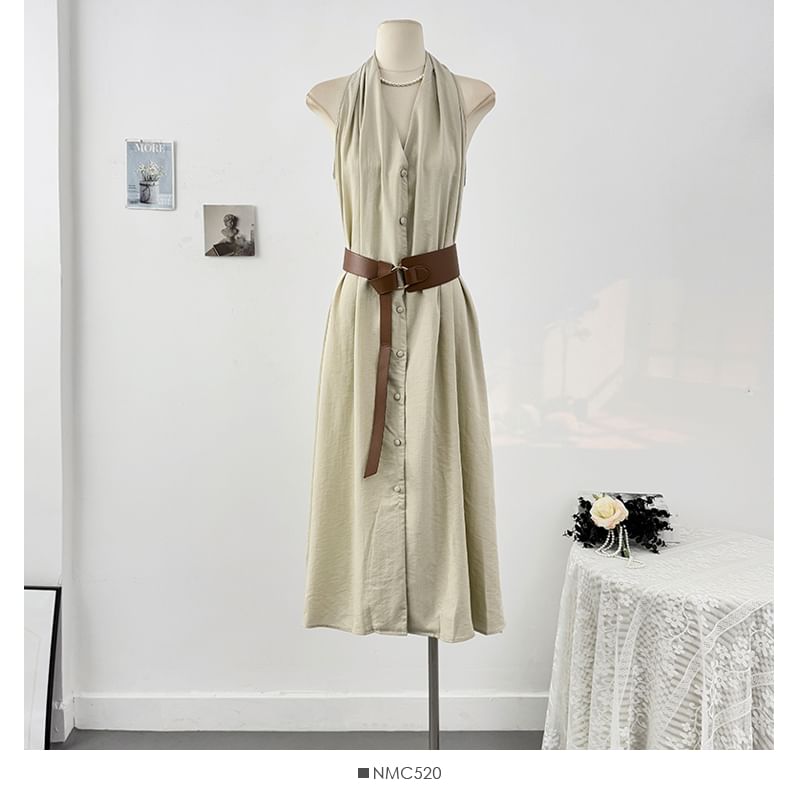 Plain Halter Set: V-Neck Belt Button-Up Dress + Maxi A-Line