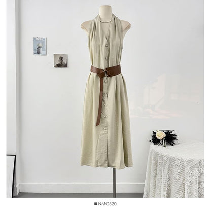 Plain Halter Set: V-Neck Belt Button-Up Dress + Maxi A-Line